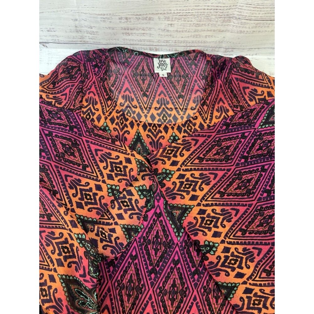 Ivy Jane Size S Boho Festival Fringe Kimono Bell Sleeve Asymetrical Sheer Blouse - Picture 10 of 12